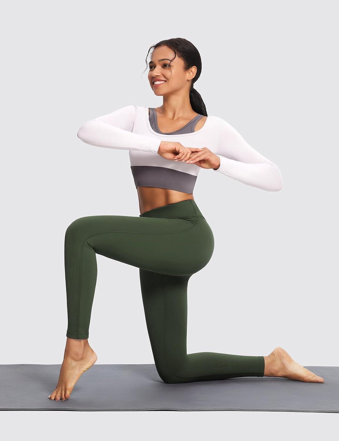 imagebaleaf Womens Fleece Lined Leggings Thermal Warm Winter Tights High Waisted Yoga Pants Cold Weather with PocketsArmy Green