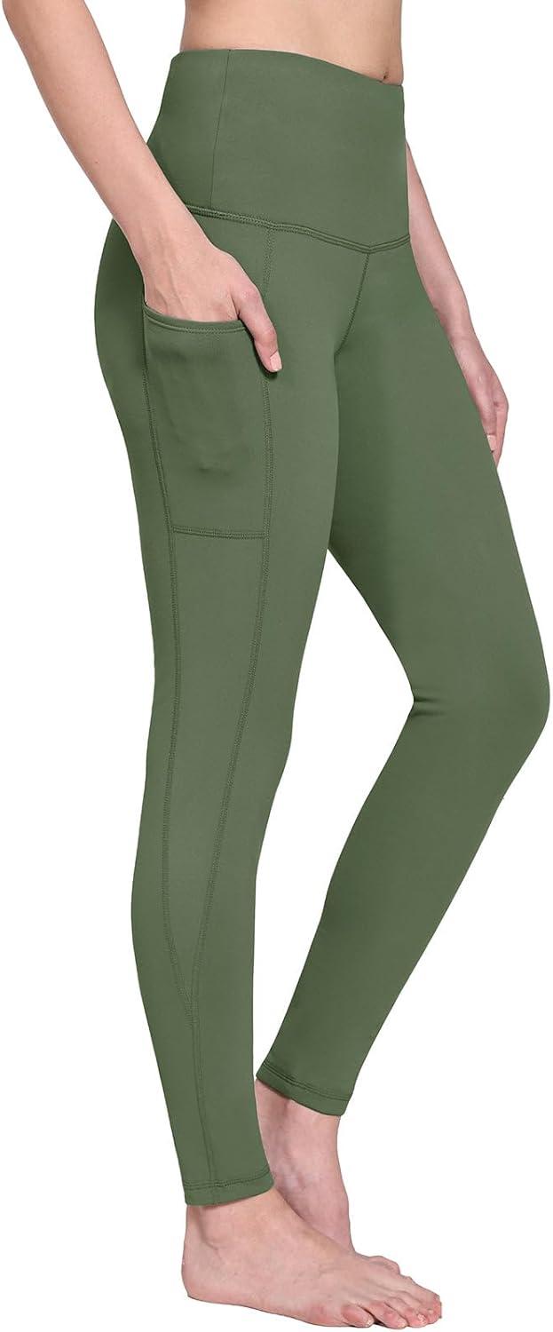 imagebaleaf Womens Fleece Lined Leggings Thermal Warm Winter Tights High Waisted Yoga Pants Cold Weather with PocketsArmy Green