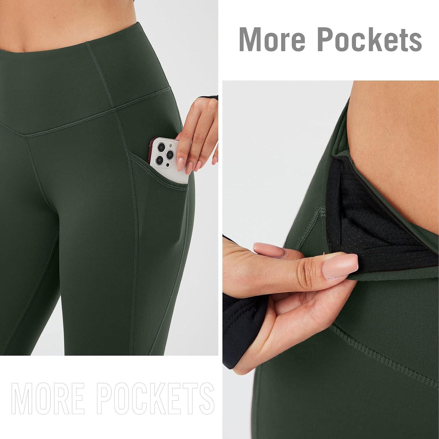 imagebaleaf Womens Fleece Lined Leggings Thermal Warm Winter Tights High Waisted Yoga Pants Cold Weather with PocketsArmy Green