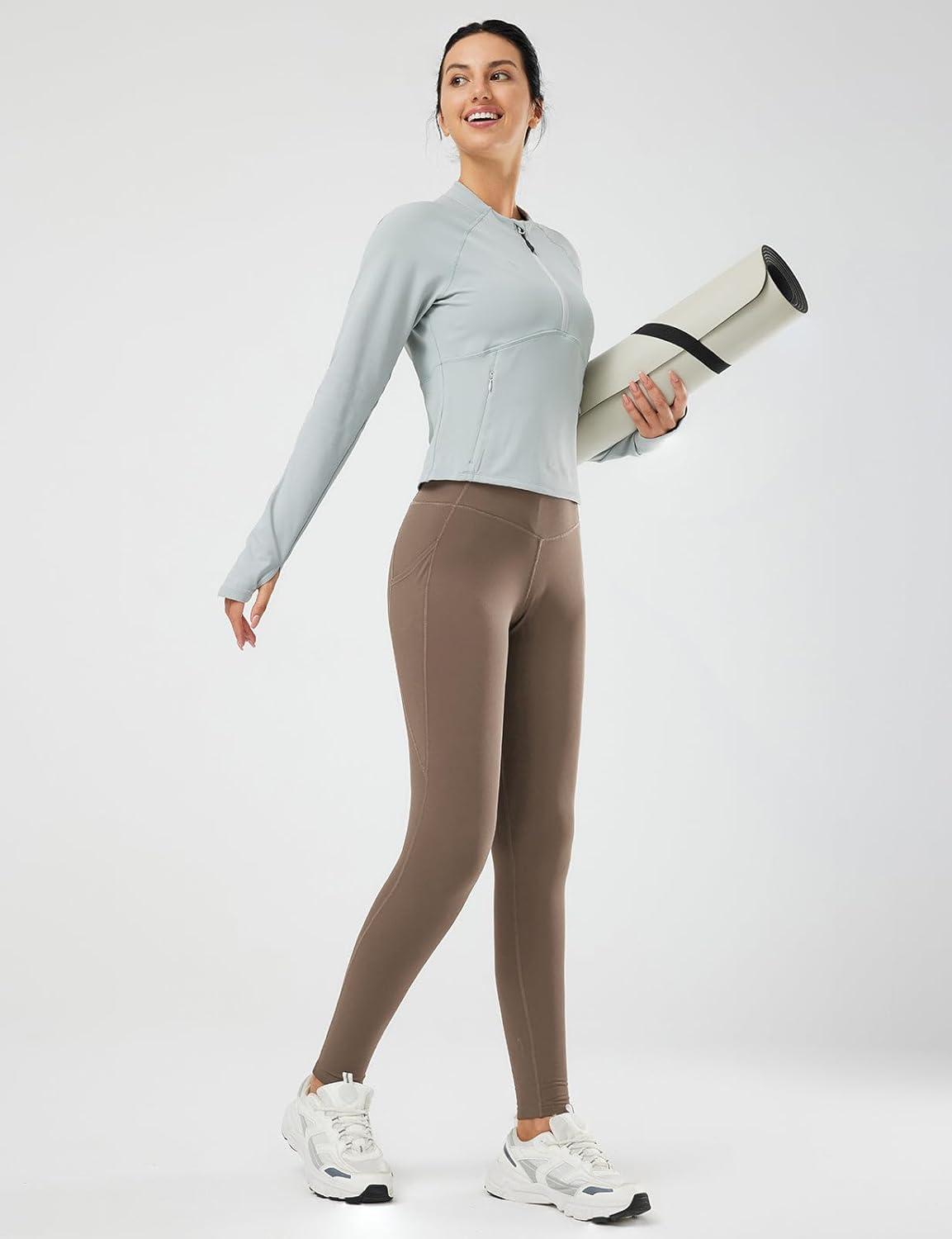 imagebaleaf Womens Fleece Lined Leggings Thermal Warm Winter Tights High Waisted Yoga Pants Cold Weather with PocketsCocoa Creme