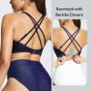 imagebaleaf Womens Lycra Swim Sports Bra Modest Scoop Neck Criss Cross UPF50 Bathing Suit Tops Builtin BraBlack