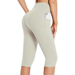 imagebaleaf Womens Capri Leggings with Pockets High Waisted Knee Length Capris Stretch for Casual Yoga Pants Workout ExerciseBeige