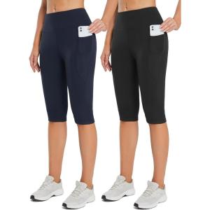 imagebaleaf Womens Capri Leggings with Pockets High Waisted Knee Length Capris Stretch for Casual Yoga Pants Workout ExerciseBlacknavy Blue