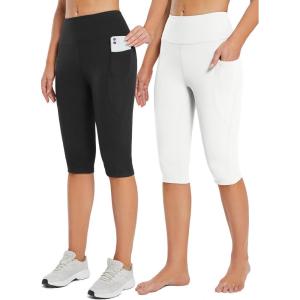 imagebaleaf Womens Capri Leggings with Pockets High Waisted Knee Length Capris Stretch for Casual Yoga Pants Workout ExerciseBlackwhite