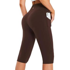 imagebaleaf Womens Capri Leggings with Pockets High Waisted Knee Length Capris Stretch for Casual Yoga Pants Workout ExerciseDark Brown