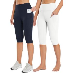 imagebaleaf Womens Capri Leggings with Pockets High Waisted Knee Length Capris Stretch for Casual Yoga Pants Workout ExerciseWhitenavy Blue