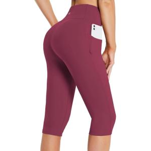 imagebaleaf Womens Capri Leggings with Pockets High Waisted Knee Length Capris Stretch for Casual Yoga Pants Workout ExerciseWine Red