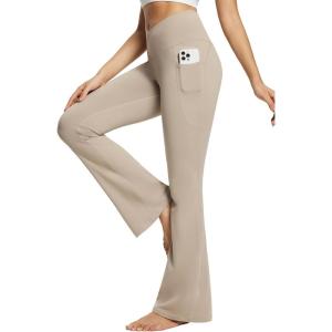 imagebaleaf Womens V Crossover Flare Leggings with Pockets Yoga Pants High Waist Casual Workout Gym Bell Bottom LeggingsKhaki