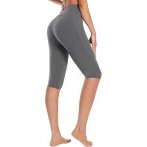 imagebaleaf Womens Knee Length Cotton Capri Leggings with Pockets High Waisted Casual Summer Yoga Workout Exercise PantsDark Grey