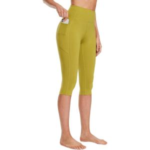 imagebaleaf Womens Knee Length Cotton Capri Leggings with Pockets High Waisted Casual Summer Yoga Workout Exercise PantsGreen