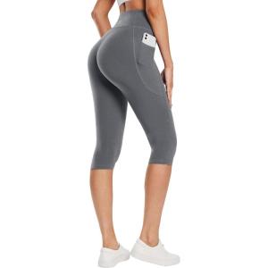 imagebaleaf Womens Knee Length Cotton Capri Leggings with Pockets High Waisted Casual Summer Yoga Workout Exercise PantsGrey