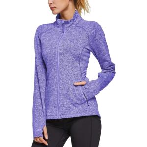 imageBALEAF Womens Fleece Bodyfit FullZip Pocketed Collared Long Sleeved Running ampamp Track Jacket with Thumb Holes Heather Purple Size M