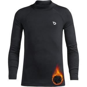 imagebaleaf Boys Thermal Compression Shirts Youth Long Sleeve Fleece Base Layer Soccer Football Cold Gear02black