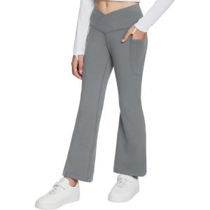 imagebaleaf Girls Flare Leggings Yoga Dance Pants Kids Bell Bottoms School Preppy Teen High Waist Pockets AthleticGrey