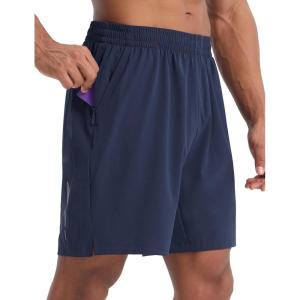 imagebaleaf Mens 7quot Athletic Shorts Quick Dry Running Workout Gym Linerless Shorts with Zipper Pockets Lightweight SportsNavy