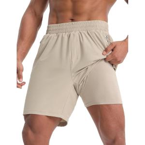 imagebaleaf Mens Running Shorts 7quot Quick Dry Athletic Workout 2 in 1 with Liner Lightweight Gym with Zipper Pocket UPF50Khaki