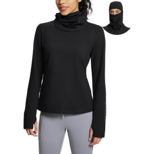 imagebaleaf Thermal Long Sleeve Women Shirts Winter Clothes Cowl Neck Warm Fleece Base Layer Tops with Balaclava and ThumbholesBlack