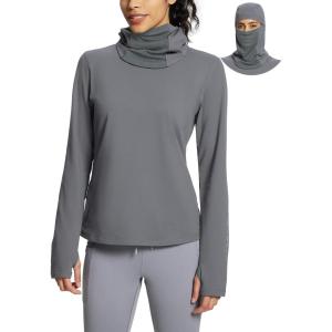 imagebaleaf Thermal Long Sleeve Women Shirts Winter Clothes Cowl Neck Warm Fleece Base Layer Tops with Balaclava and ThumbholesLight Grey