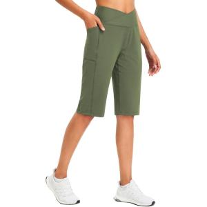 imagebaleaf Womens Bermuda Long Shorts 14quot Knee Length Capris High Waisted Athletic Shorts with Pockets Summer Stretch LooseArmy Green
