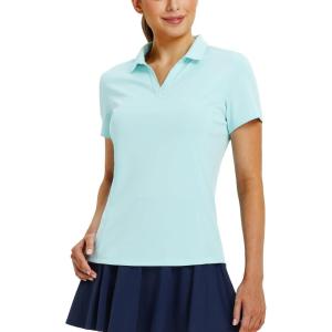 imagebaleaf Womens Golf Shirts Polo Collared V Neck Shorts Sleeve Tennis Shirt Lightweight Quick Dry UPF50V Necklight Blue