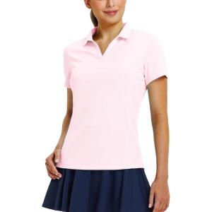 imagebaleaf Womens Golf Shirts Polo Collared V Neck Shorts Sleeve Tennis Shirt Lightweight Quick Dry UPF50V Necklight Pink