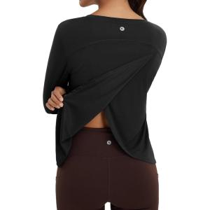 imagebaleaf Womens Long Sleeve Workout Tops Athletic Shirts Split Back Running Gym Quick Dry Sun Protection UPF 50Black