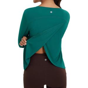 imagebaleaf Womens Long Sleeve Workout Tops Athletic Shirts Split Back Running Gym Quick Dry Sun Protection UPF 50Green