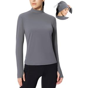 imagebaleaf Womens Thermal Long Sleeve Shirts Fleece Turtleneck Top Warm Undershirts with Detachable Neck Gaiter ThumbholesLight Grey
