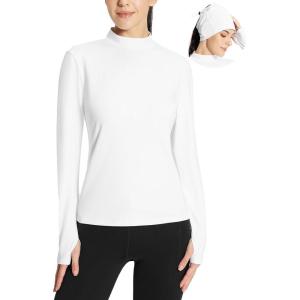 imagebaleaf Womens Thermal Long Sleeve Shirts Fleece Turtleneck Top Warm Undershirts with Detachable Neck Gaiter ThumbholesWhite