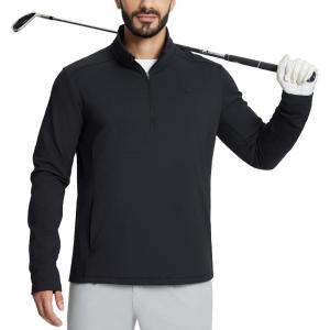 imagebaleaf Mens Golf Pullover Quarter Zip Fleece with Zipper Pockets Water Resistant Hiking SweaterBlack