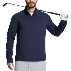 imagebaleaf Mens Golf Pullover Quarter Zip Fleece with Zipper Pockets Water Resistant Hiking SweaterNavy Blue