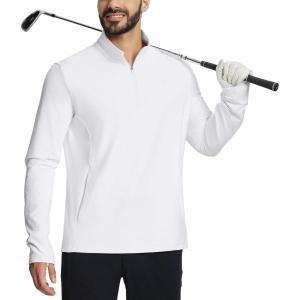 imagebaleaf Mens Golf Pullover Quarter Zip Fleece with Zipper Pockets Water Resistant Hiking SweaterWhite