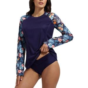 imagebaleaf Rash Guard for Women Swim Shirts UPF 50 UV Sun Protection Long Sleeve Swimsuit Top Zipper Pocket ThumbholeNavyFloral
