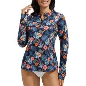 imagebaleaf Womens 14 Zip Rash Guard Swim Shirts with Zipper Pocket UPF 50 Long Sleeve Sun Protection Swimsuit TopsBlack Floral