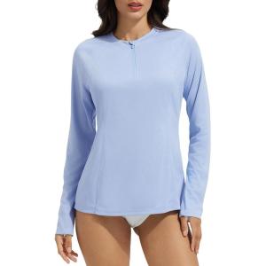 imagebaleaf Womens 14 Zip Rash Guard Swim Shirts with Zipper Pocket UPF 50 Long Sleeve Sun Protection Swimsuit TopsLight Blue