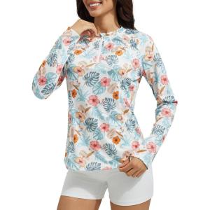 imagebaleaf Womens 14 Zip Rash Guard Swim Shirts with Zipper Pocket UPF 50 Long Sleeve Sun Protection Swimsuit TopsWhite Floral