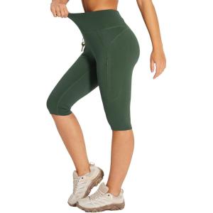 imagebaleaf Womens Hiking Long Shorts Knee Length Biker Shorts High Waist Leggings Pockets Hiking Athletic Outdoor Travel WorkoutArmy Green
