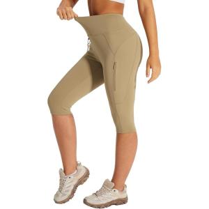 imagebaleaf Womens Hiking Long Shorts Knee Length Biker Shorts High Waist Leggings Pockets Hiking Athletic Outdoor Travel WorkoutKhaki
