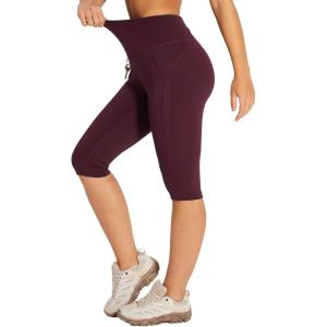 imagebaleaf Womens Hiking Long Shorts Knee Length Biker Shorts High Waist Leggings Pockets Hiking Athletic Outdoor Travel WorkoutWine Red