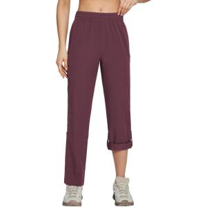 imagebaleaf Womens Hiking Water Resistant Pants UPF Roll Up Convertible Capri Pant Quick Dry Zipper Pockets Travel FishingWine Red