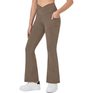 imagebaleaf Girls Flare Leggings Cross High Waisted Bootcut Yoga Dance Pants Kids Bell Bottoms Leggings with PocketsCocoa Crme