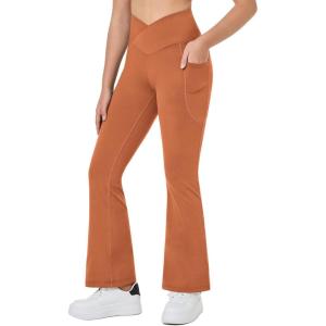 imagebaleaf Girls Flare Leggings Cross High Waisted Bootcut Yoga Dance Pants Kids Bell Bottoms Leggings with PocketsSandhill Rust