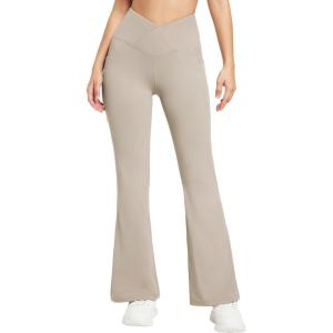 imagebaleaf Womens Fleece Lined Pants Winter Thermal Warm Flare Leggings Crossover Yoga Pants Bell Bottom with Pockets29khaki