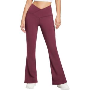 imagebaleaf Womens Fleece Lined Pants Winter Thermal Warm Flare Leggings Crossover Yoga Pants Bell Bottom with Pockets32wine