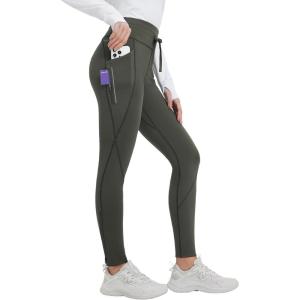 imagebaleaf Womens Thermal Fleece Lined Leggings with Pockets Ankle Zip Reflective Water Resistant High Waisted Warm Snow PantsArmy Green
