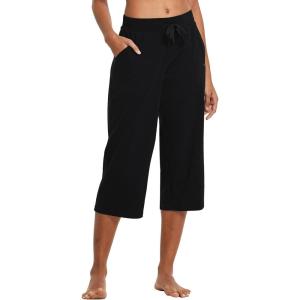 imagebaleaf Womens Wide Leg Capris Yoga Cotton Crop Pockets Summer Capri Sweatpants Loose Lounge Casual Workout PantsRegularblack