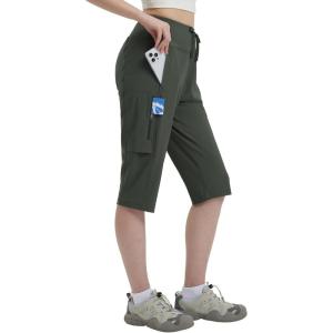 imagebaleaf 15 Long Shorts for Women Hiking Knee Length Quick Dry Cargo Capri Pants Bermuda Stretchy LightweightArmy Green