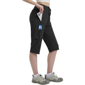 imagebaleaf 15 Long Shorts for Women Hiking Knee Length Quick Dry Cargo Capri Pants Bermuda Stretchy LightweightBlack