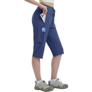imagebaleaf 15 Long Shorts for Women Hiking Knee Length Quick Dry Cargo Capri Pants Bermuda Stretchy LightweightNavy Blue