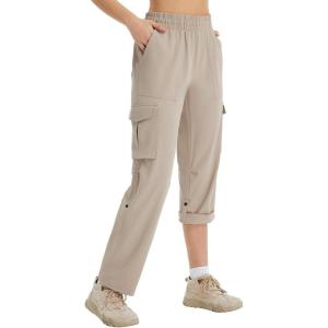 imagebaleaf Womens Hiking Pants Water Resistant Convertible Cargo Capri Roll Up Capri UPF50 Zipper Pockets Clothing TravelLight Khaki